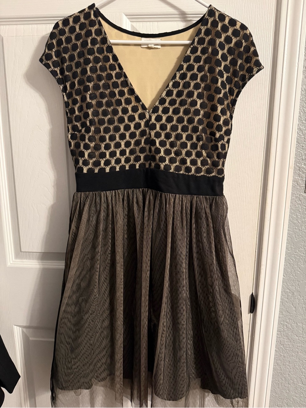 V-Neck Black and Beige Dot Fit & Flare Mini Dress